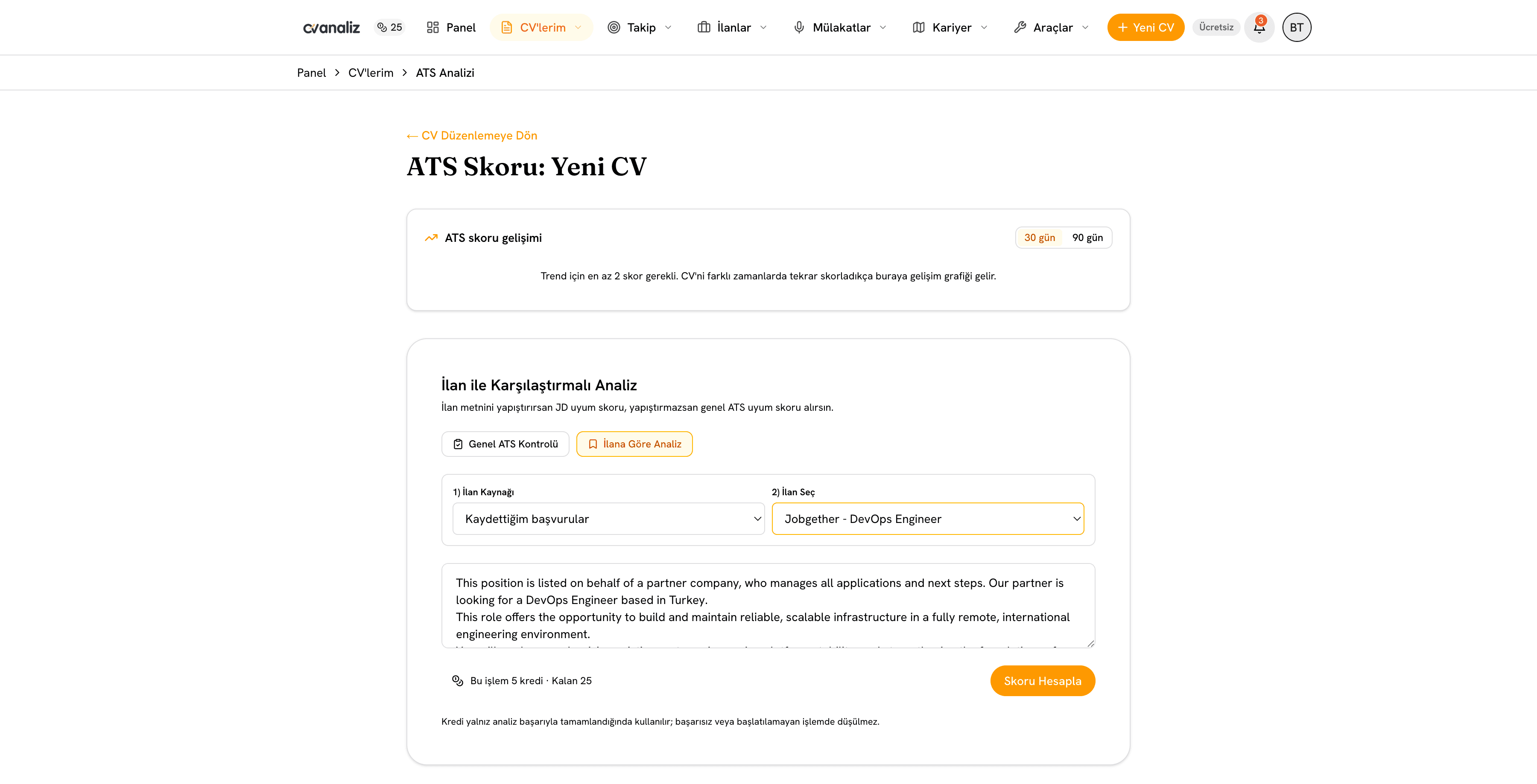 cvanaliz ATS CV skoru ve analiz sonuçları ekranı — genel görünüm