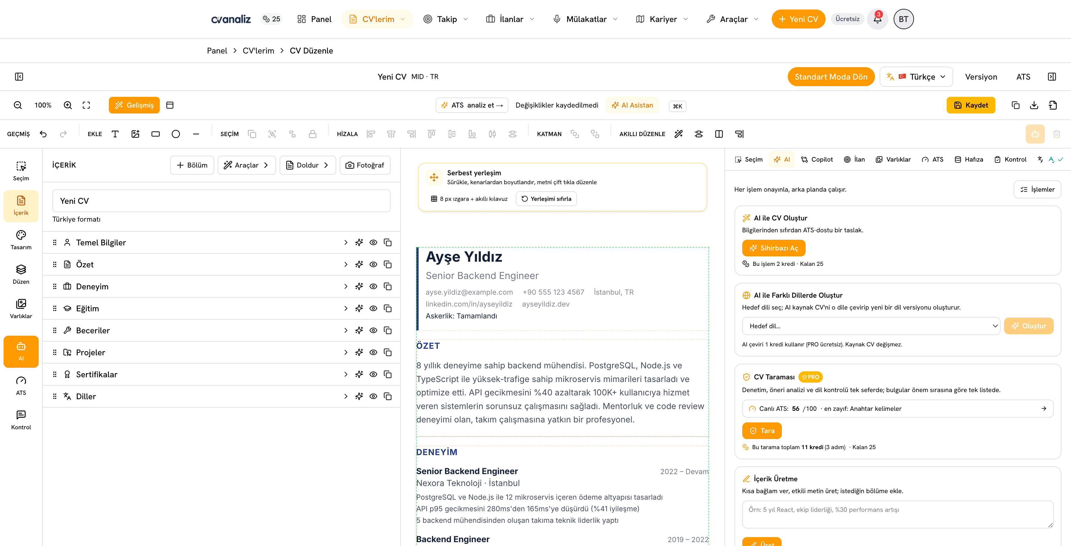 ATS uyumlu CV şablonunun düzenlendiği cvanaliz editörü — genel görünüm