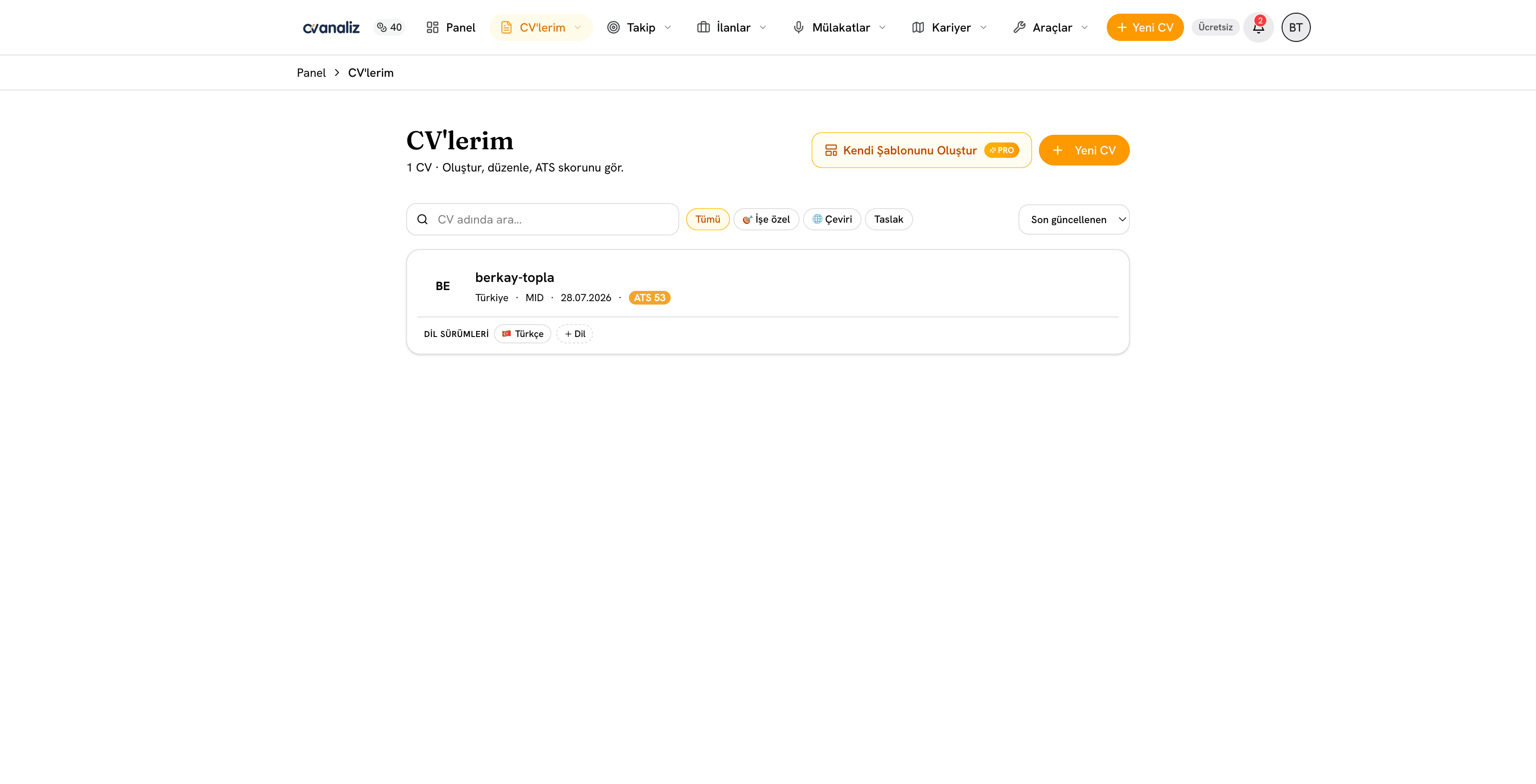 cvanaliz üzerinde kayıtlı özgeçmişler ve CV yönetimi — genel görünüm