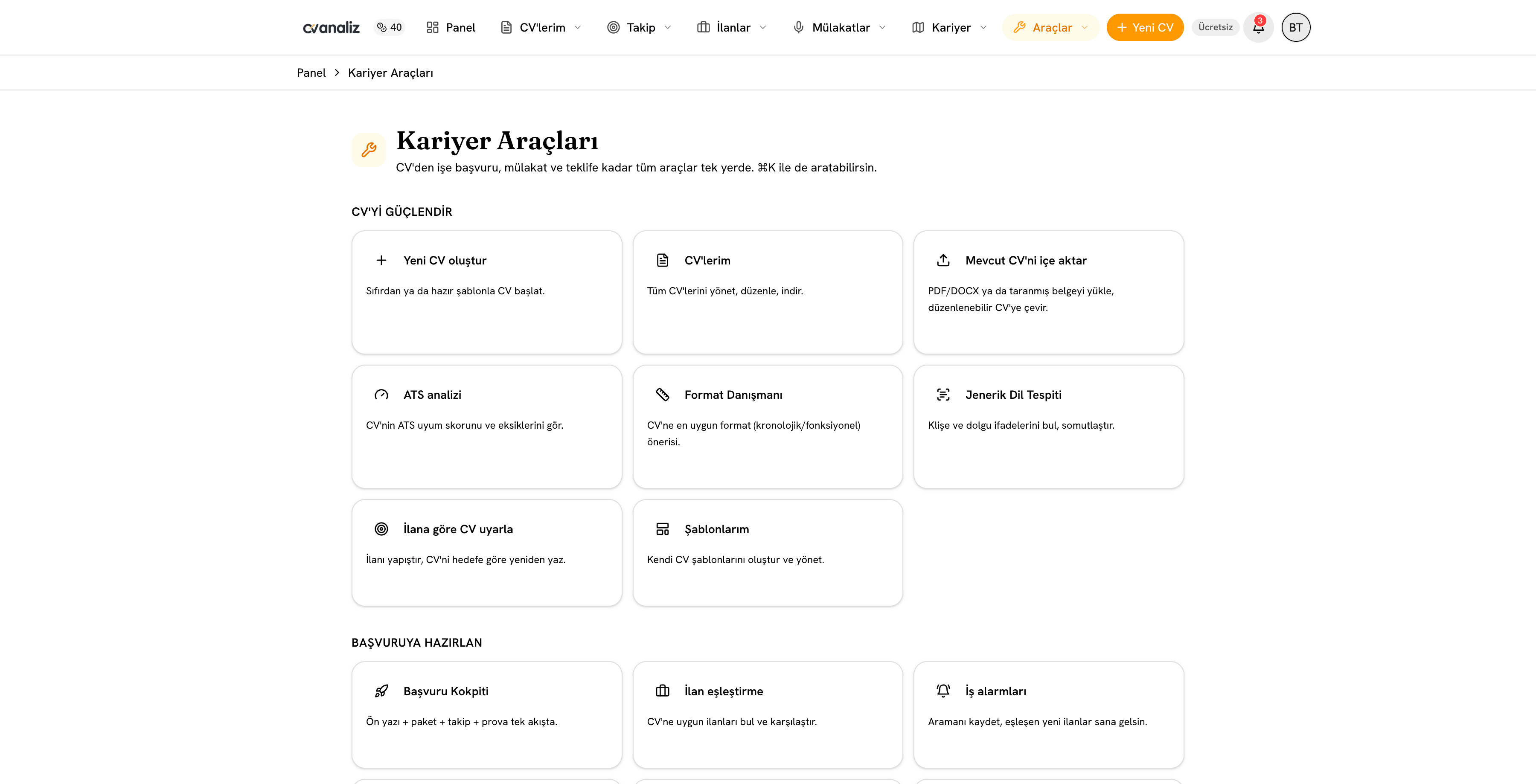 cvanaliz bireysel CV, mülakat, başvuru ve kariyer araçları ekranı