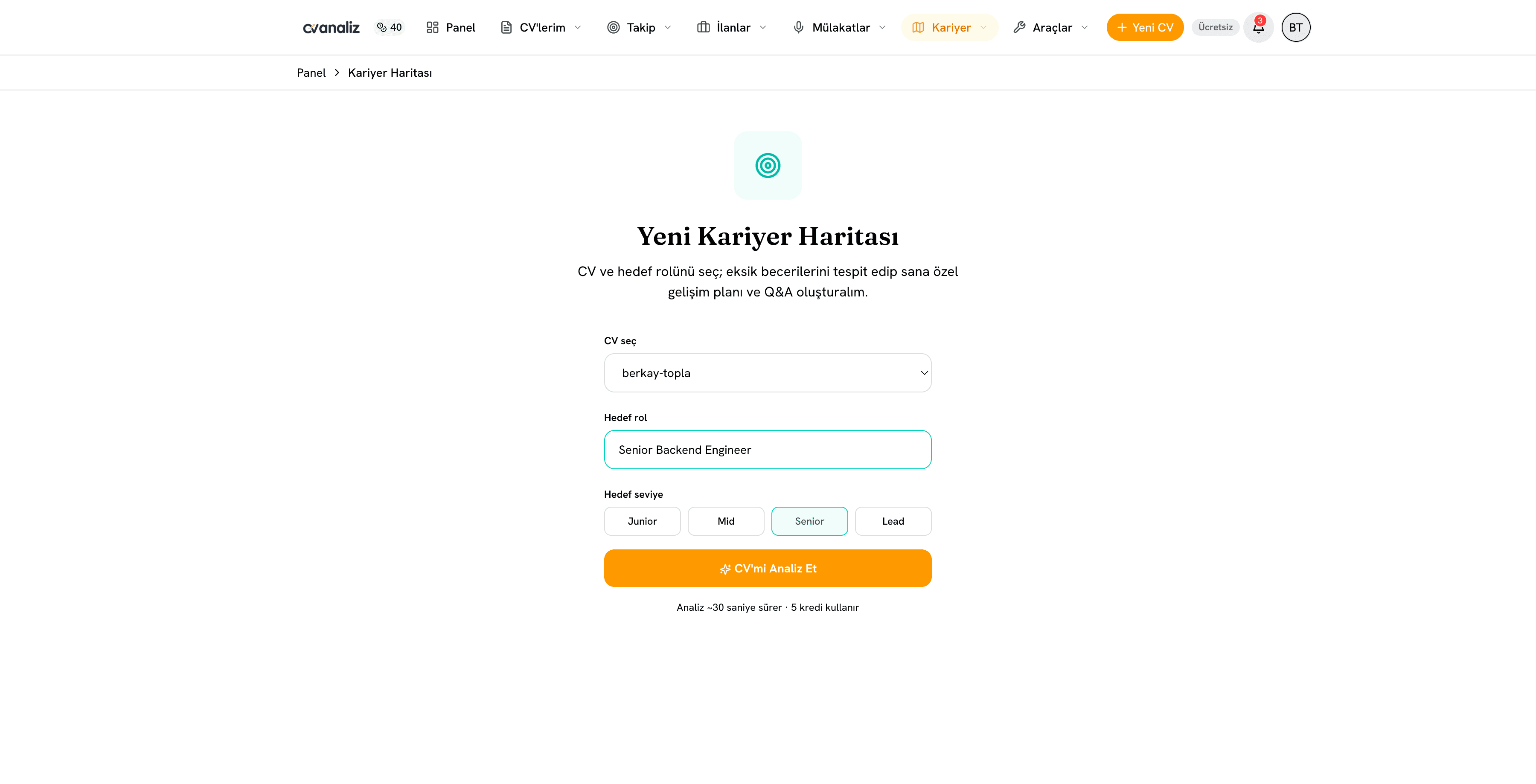 cvanaliz kişisel kariyer haritası hedef rol seçimi ekranı