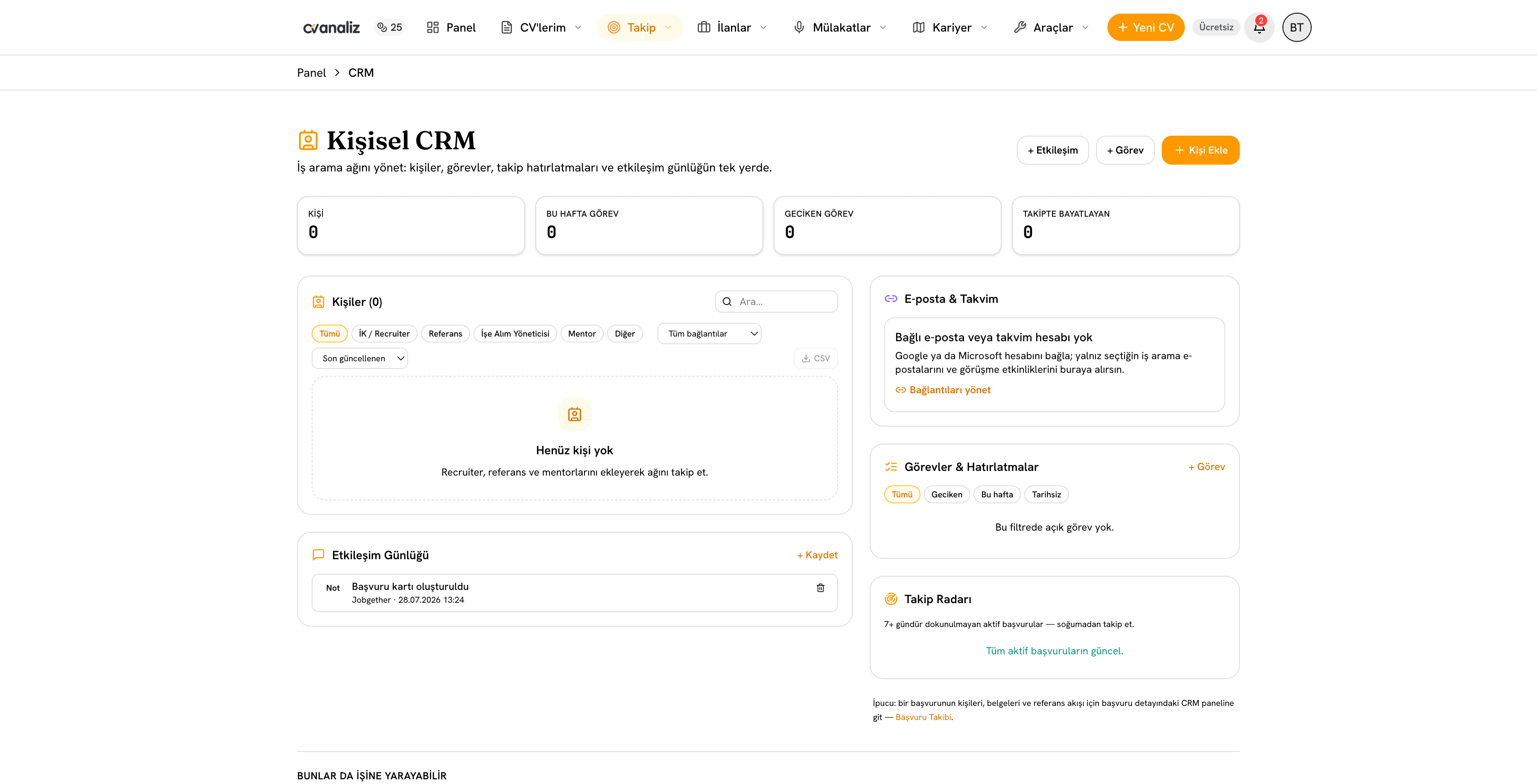 cvanaliz kişisel iş başvurusu CRM ekranı
