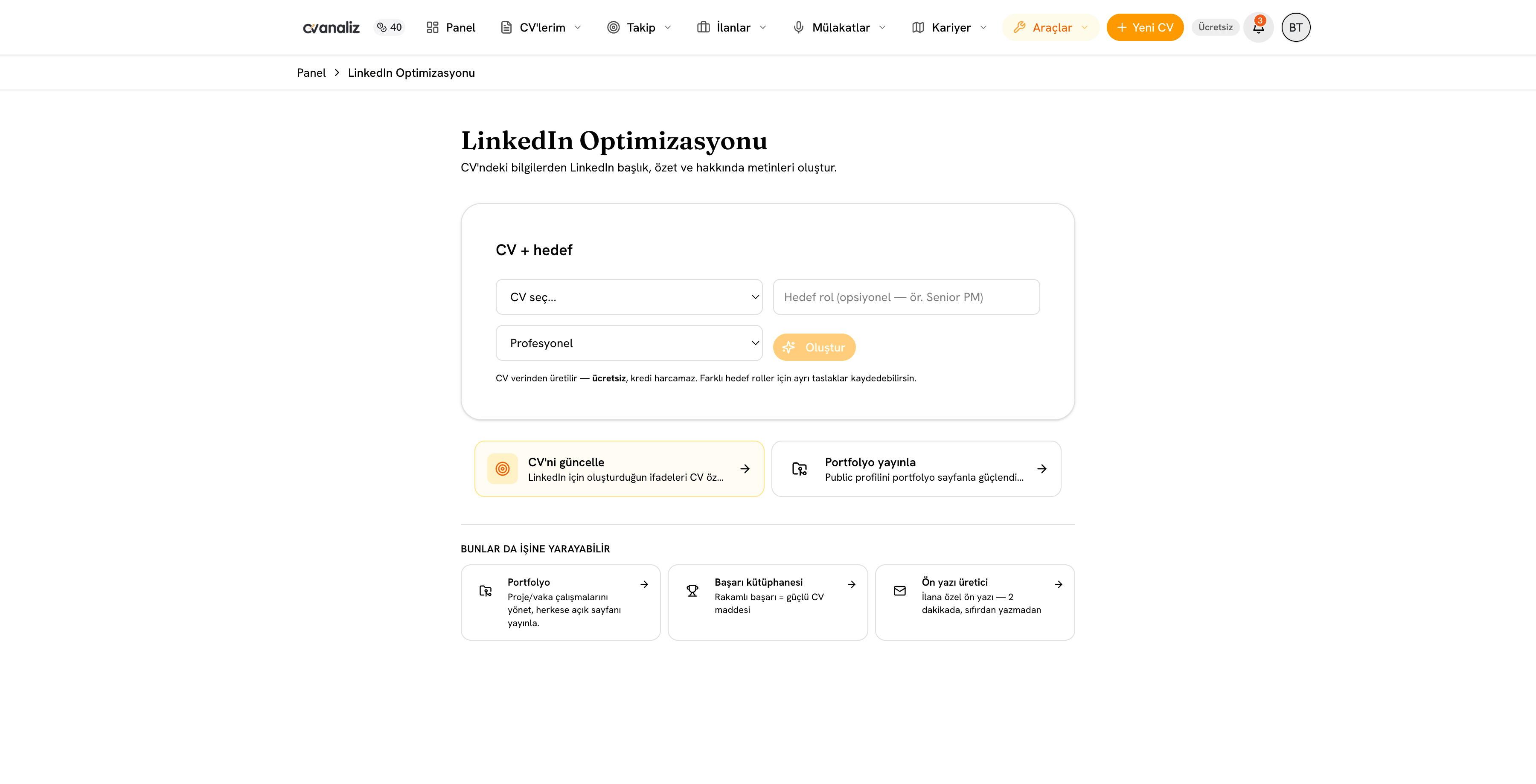 cvanaliz LinkedIn profil optimizasyonu ekranı