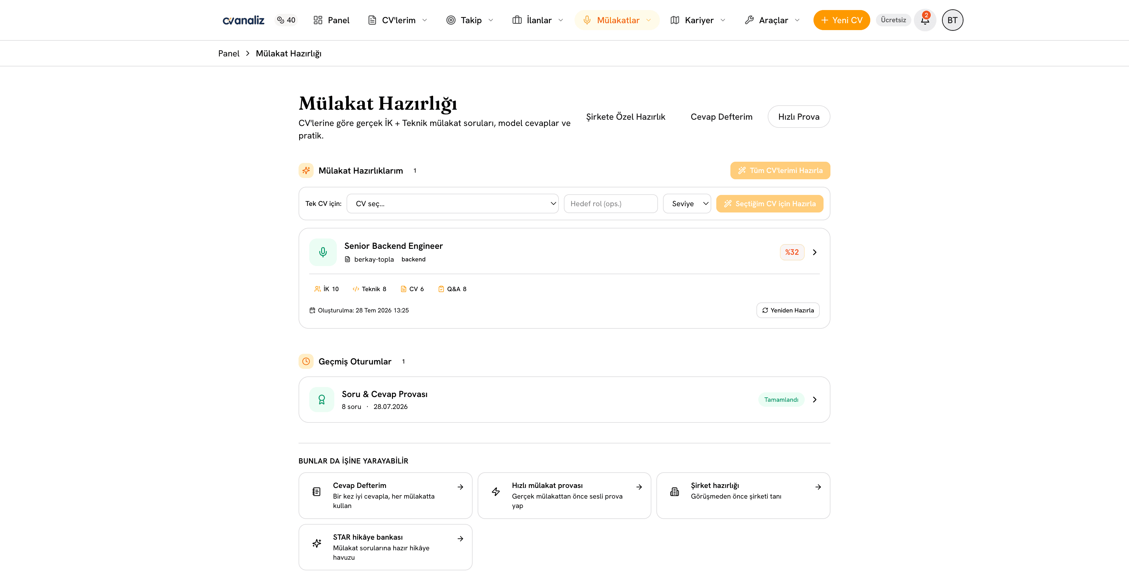 cvanaliz yapay zeka destekli mülakat hazırlığı ekranı