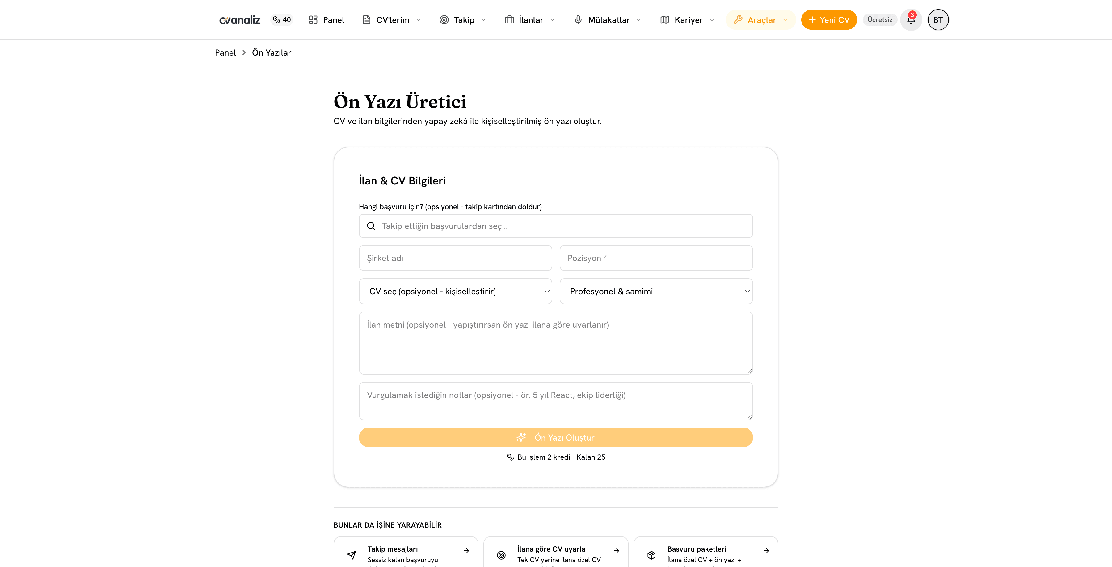 cvanaliz yapay zeka destekli ön yazı oluşturucu ekranı