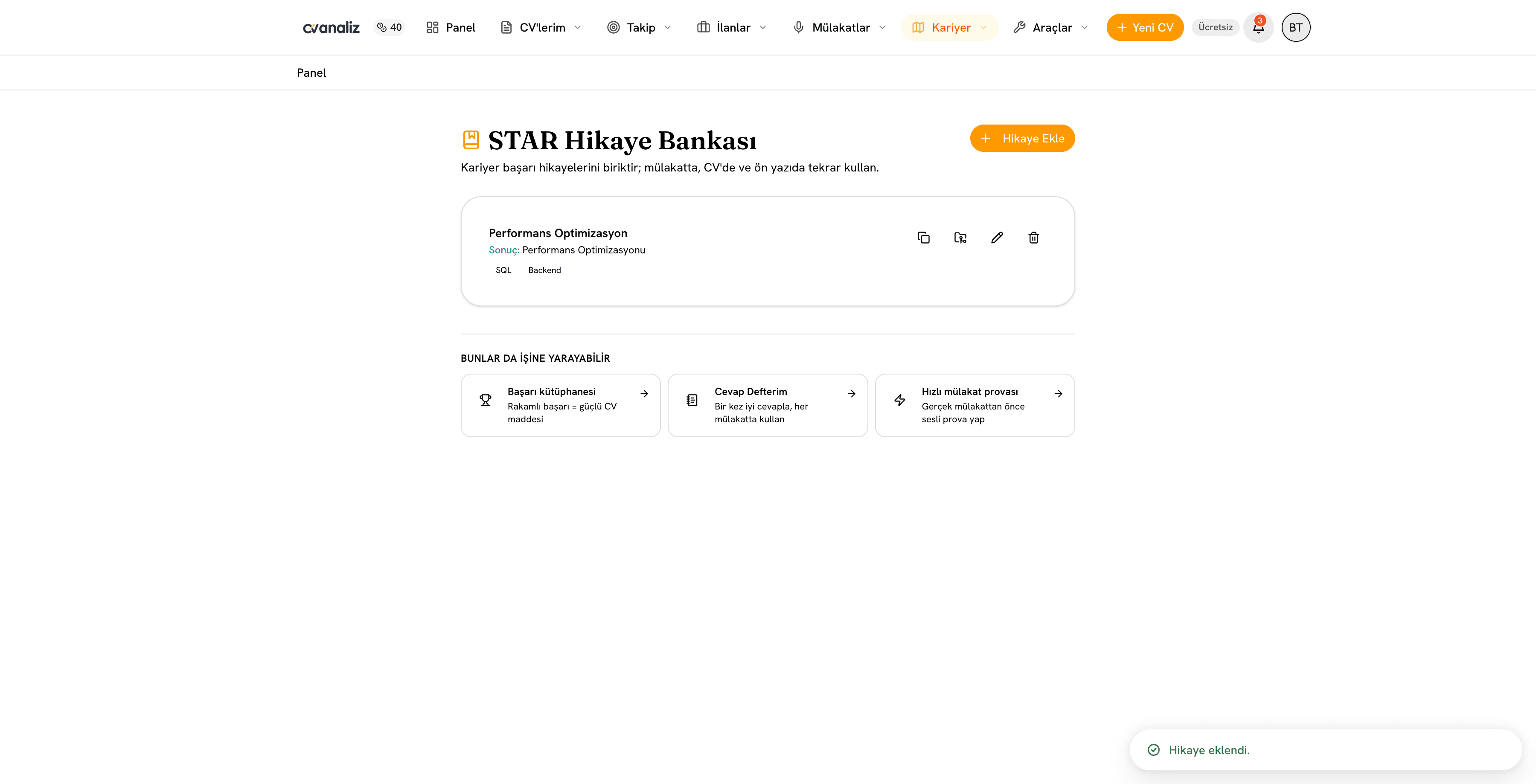 cvanaliz STAR mülakat hikaye bankası ekranı