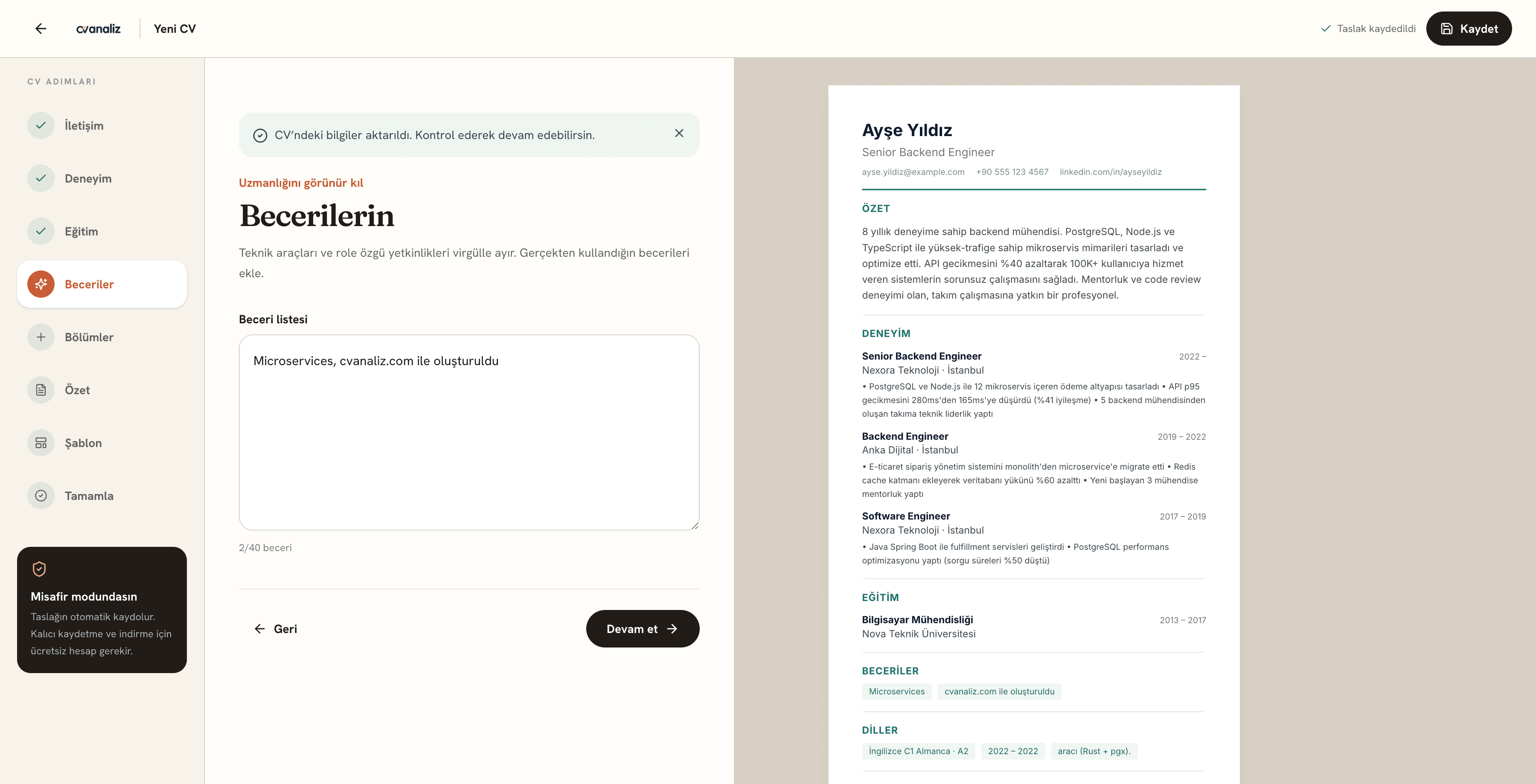 cvanaliz CV oluşturucu beceri yazma ve canlı CV önizleme ekranı