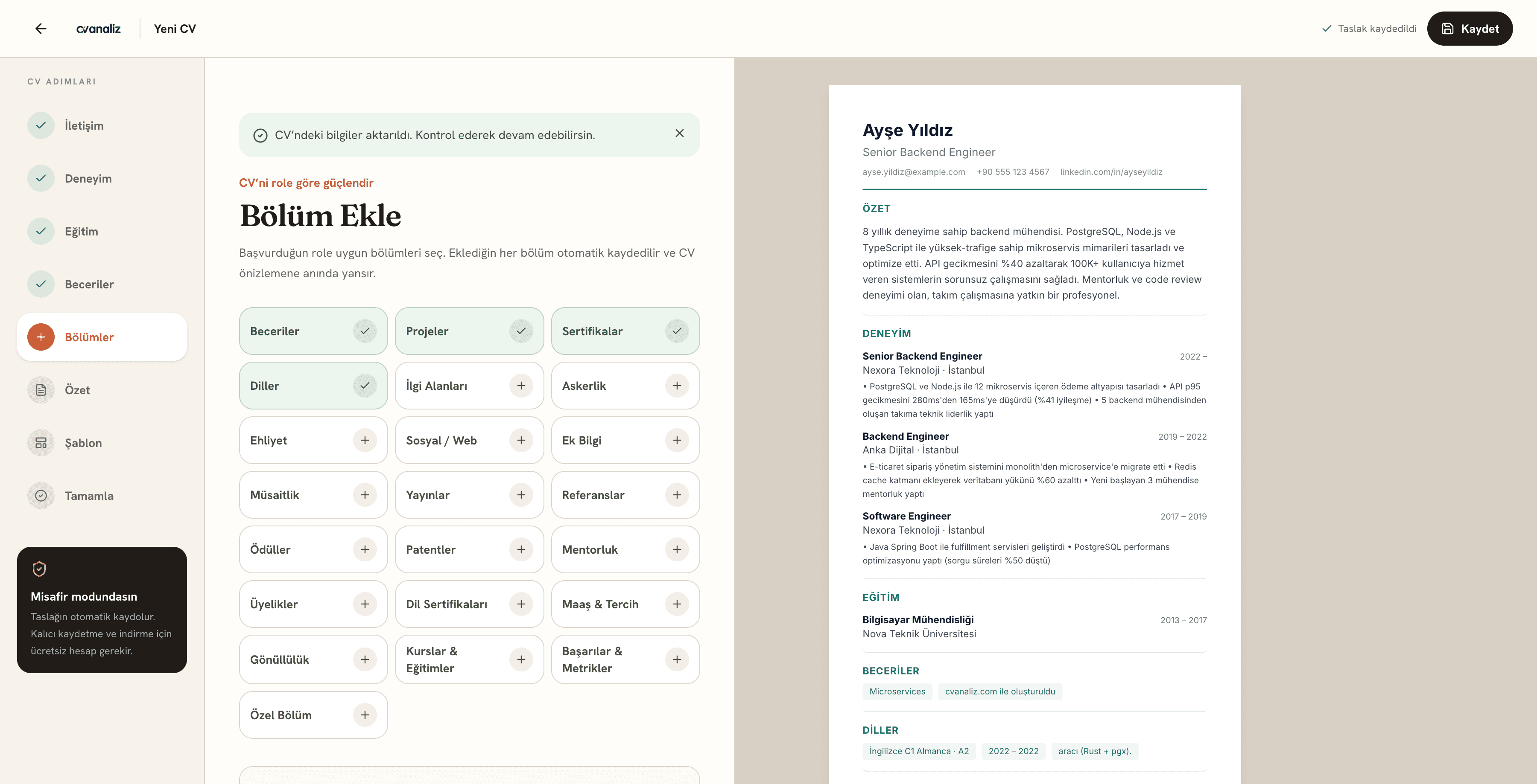 cvanaliz CV oluşturucu beceri, proje, sertifika ve ek bölüm seçim ekranı