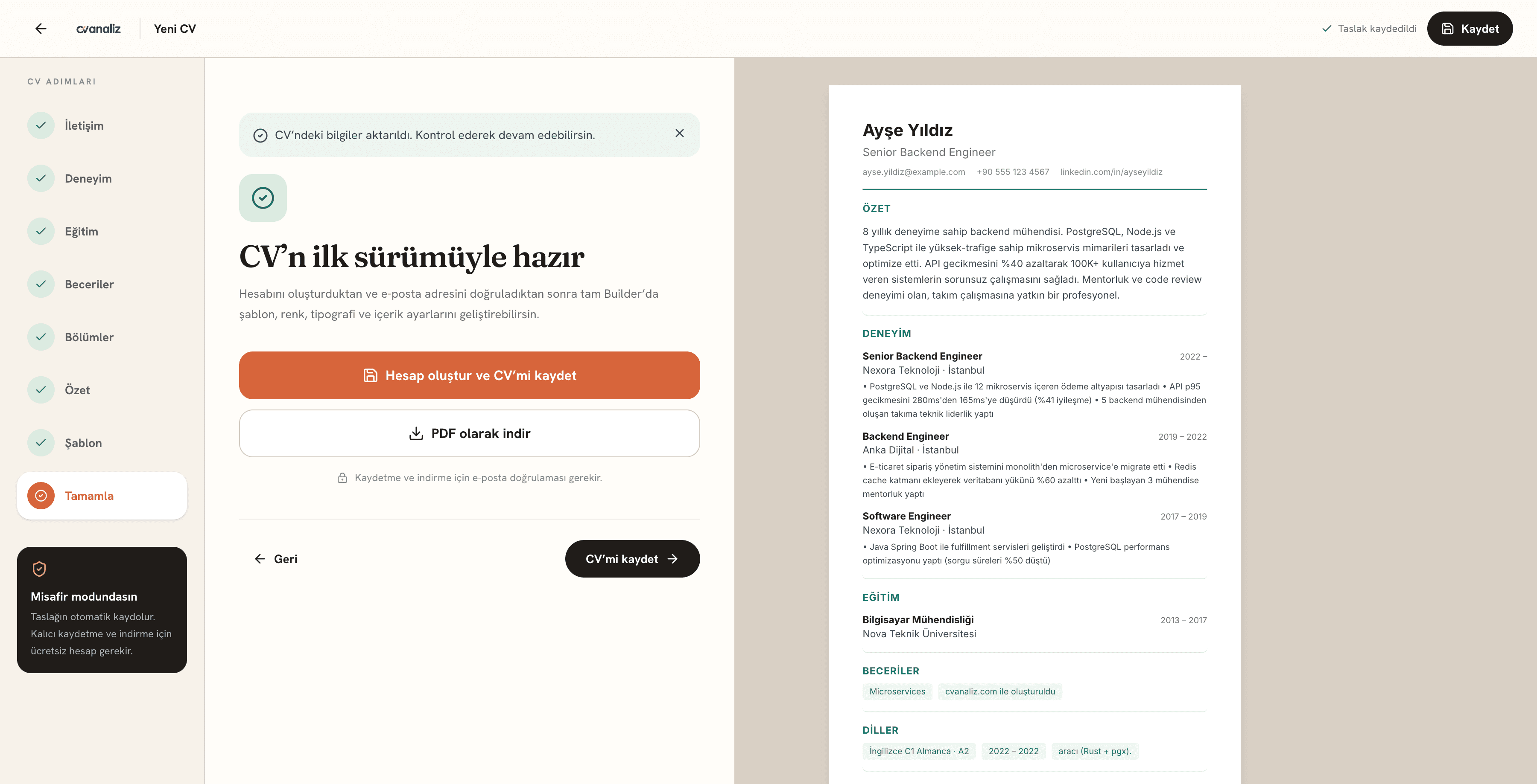 cvanaliz CV oluşturma tamamlama, kaydetme ve PDF indirme ekranı