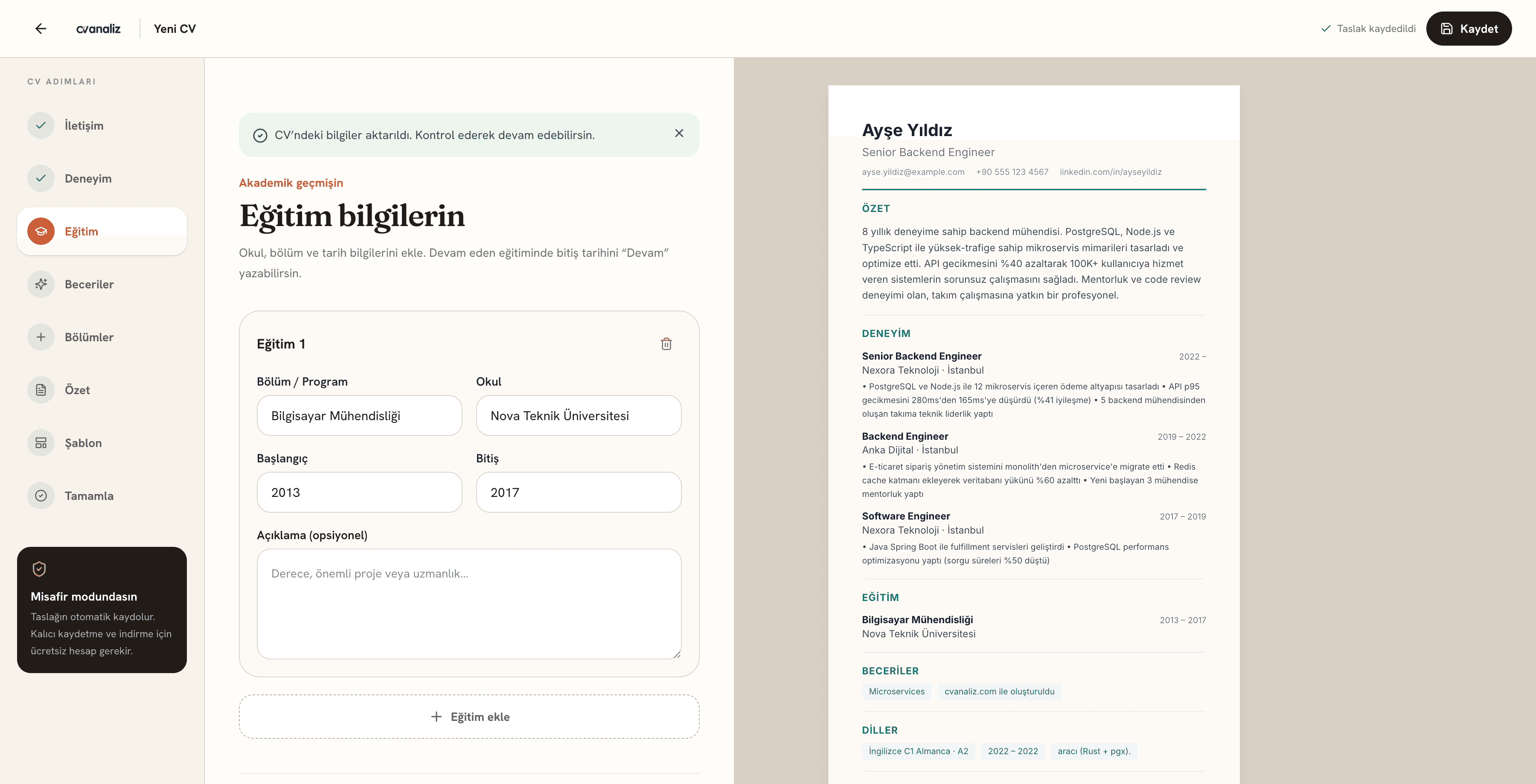cvanaliz CV oluşturucu eğitim bilgileri ve canlı önizleme ekranı
