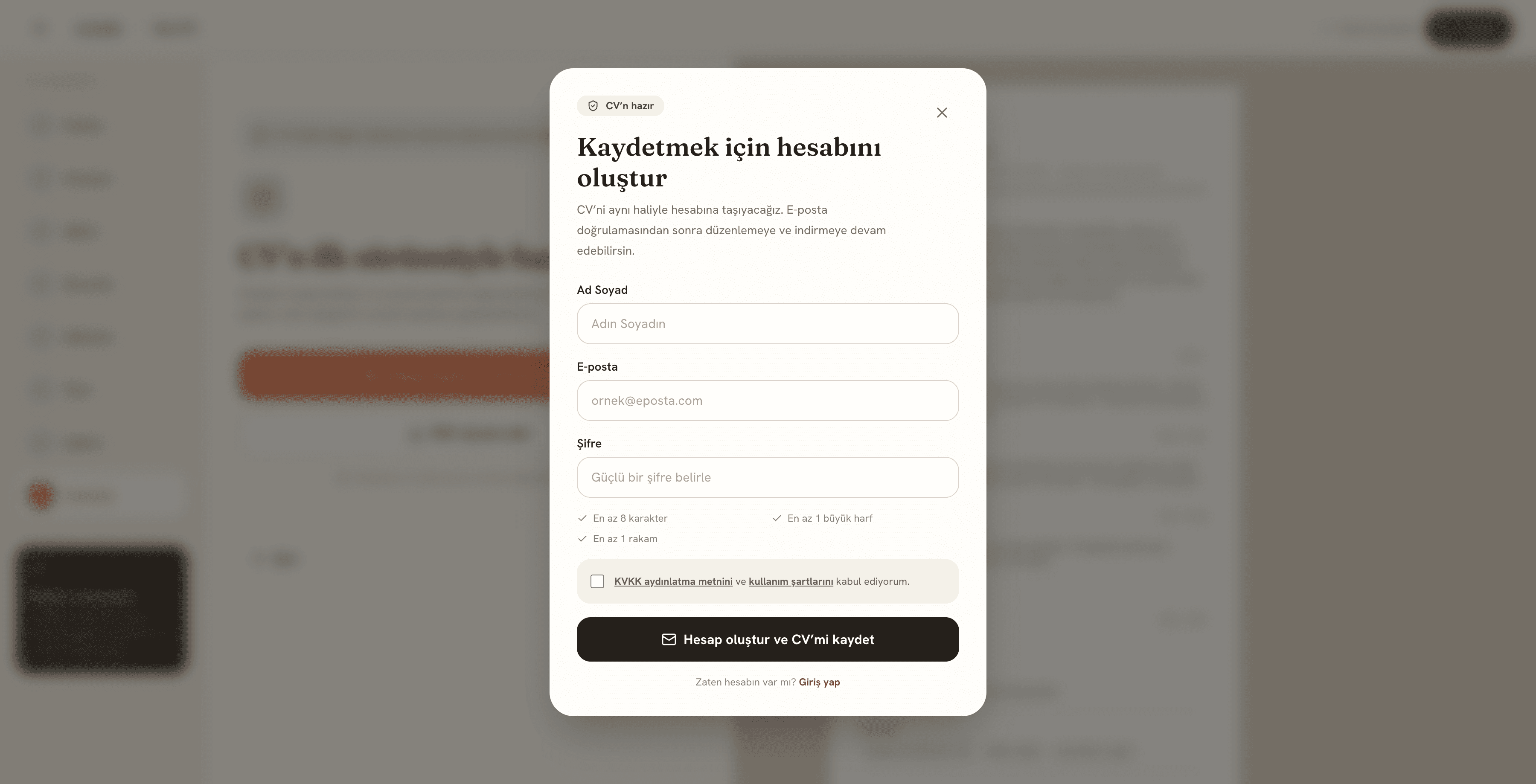 cvanaliz CV oluşturucu taslağını kalıcı kaydetmek için güvenli hesap oluşturma ekranı