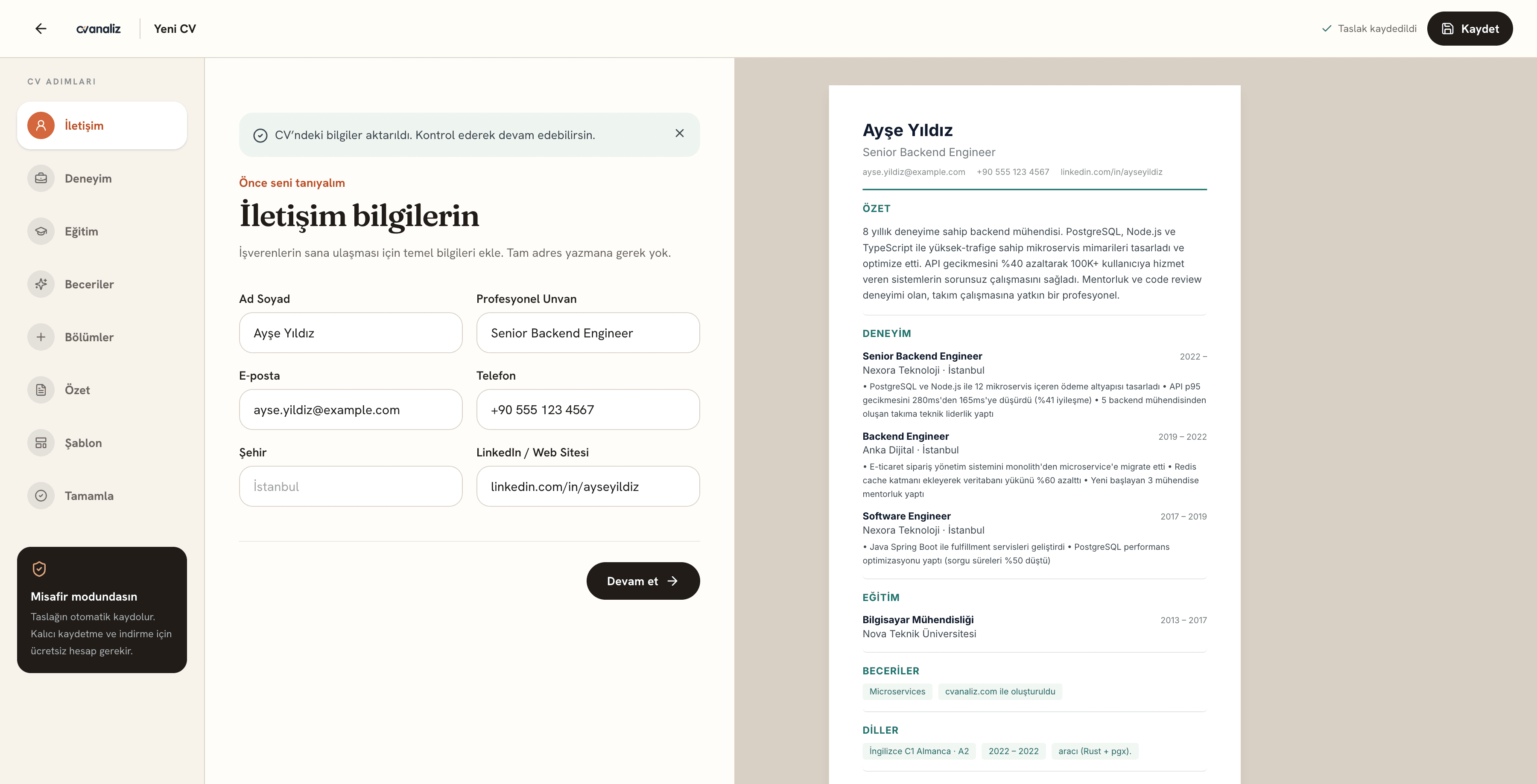 cvanaliz CV oluşturucu iletişim bilgileri ve canlı CV önizleme ekranı