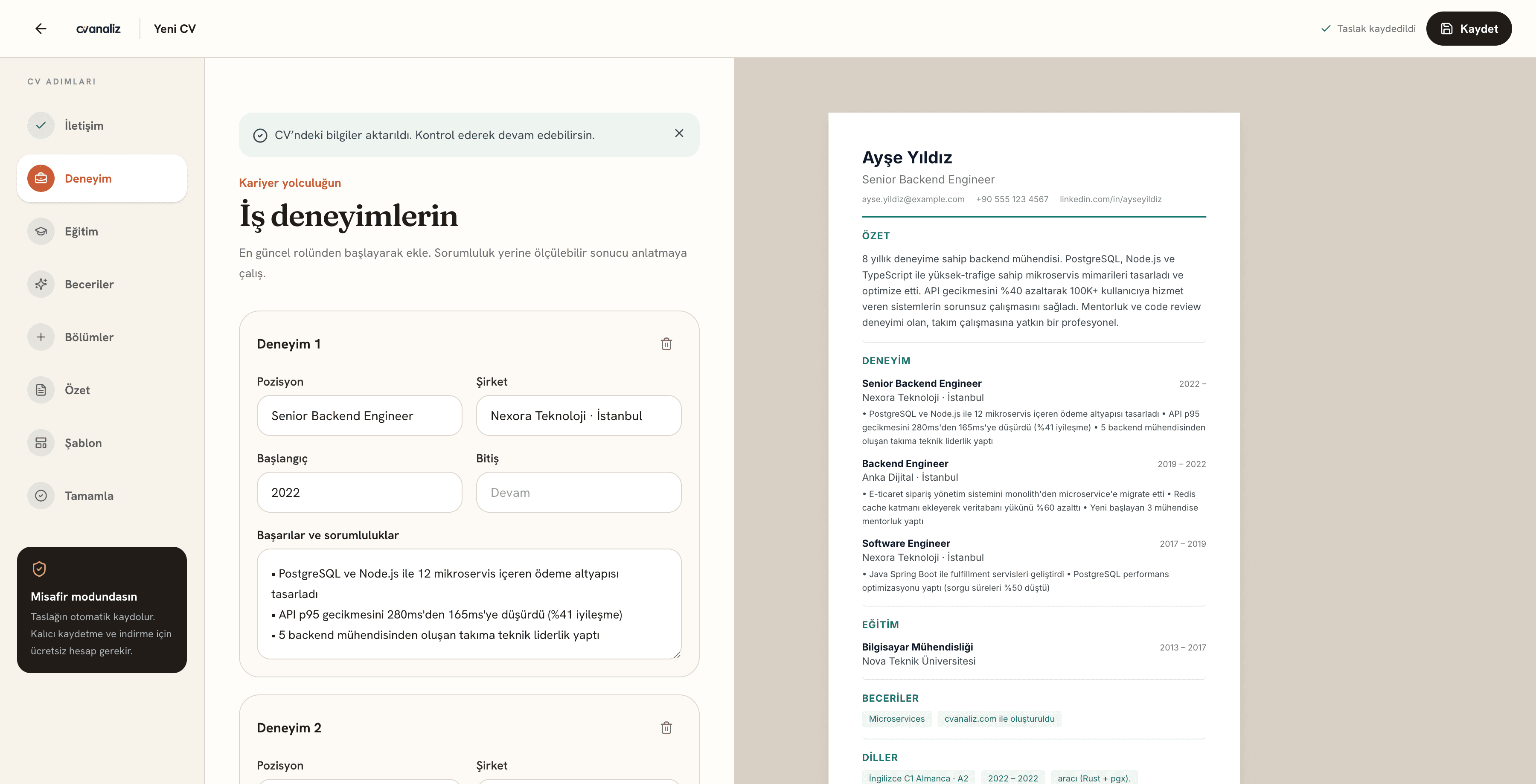 cvanaliz CV oluşturucu iş deneyimi düzenleme ve ATS dostu canlı önizleme ekranı
