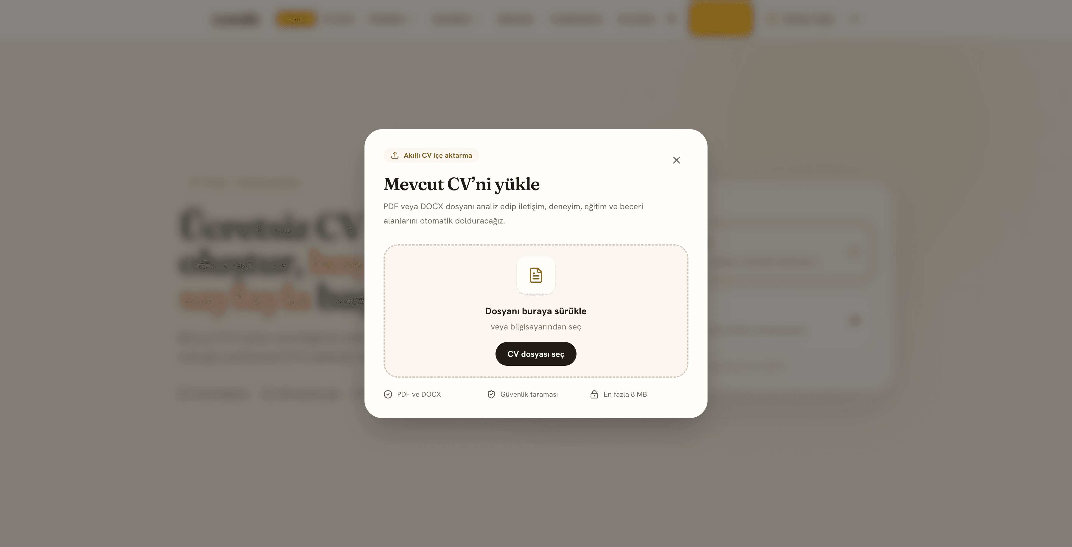 cvanaliz CV oluşturucu mevcut PDF veya DOCX yükleme ekranı