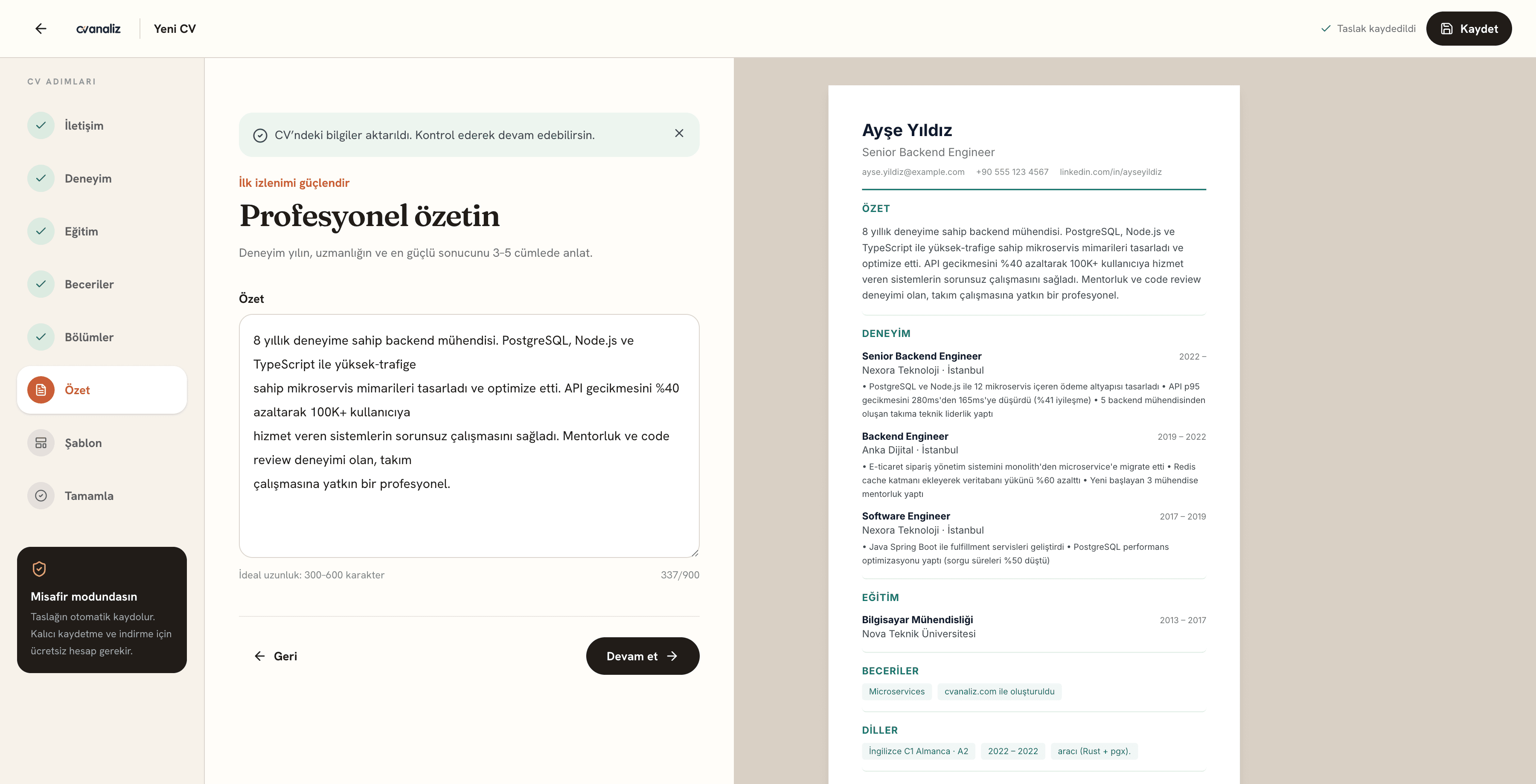 cvanaliz CV oluşturucu profesyonel özet ve canlı önizleme ekranı