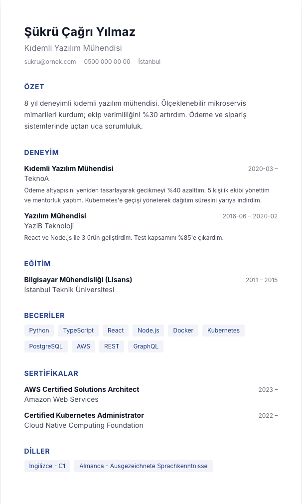 ABD Letter CV şablonu önizlemesi - ABD/Kanada başvuruları için: Letter boyutu, fotoğrafsız, büyük harf başlıklı US resume standardı