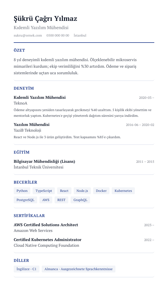Academic CV şablonu önizlemesi - Akademik CV, yayın/proje ağırlıklı