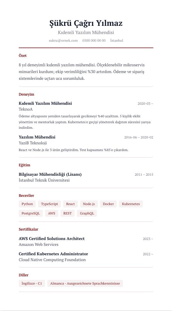 Akademik Künye CV şablonu önizlemesi - Uzun yayın ve proje listelerini sakin taşıyan, başlık düzeni serif akademik düzen