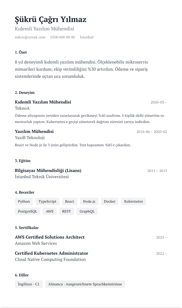 Akademik Numaralı CV şablonu önizlemesi - Resmî rapor dizgisi: 1. / 2. / 3. numaralı bölüm hiyerarşisi - kurumsal ve kamu başvuruları