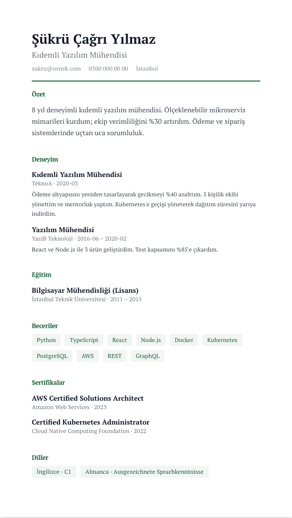 Anlatı CV şablonu önizlemesi - Madde işareti yok: her görev editoryal tek paragraf - mektup havası, içerik birebir korunur