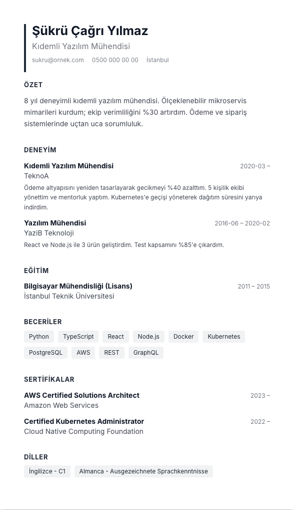 Antrasit Blok CV şablonu önizlemesi - Dolgu antrasit bar başlıklar, yüksek okunabilirlik ve ayraçsız kurumsal ritim