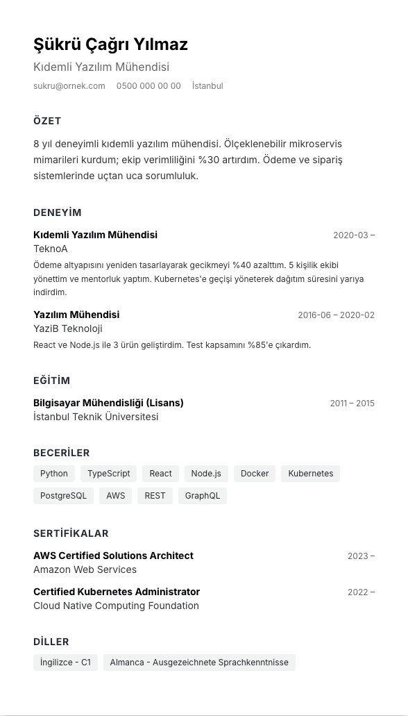 ATS Sade TR CV şablonu önizlemesi - Maksimum ATS uyumu, sadece metin - foto, ikon, renk yok