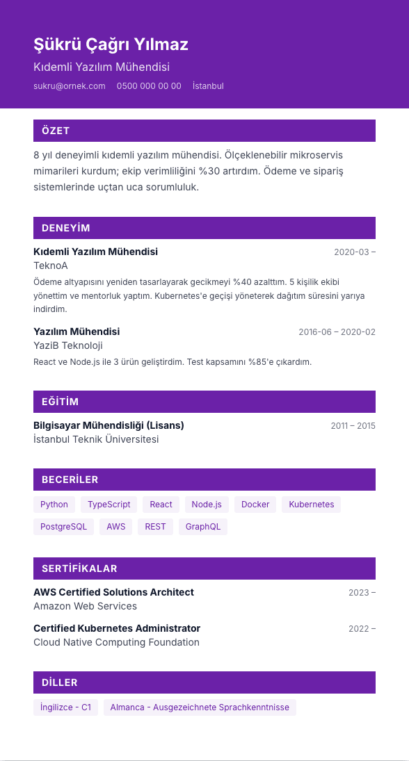 Banner Pro CV şablonu önizlemesi - Tam genişlik renkli üst bant - dikkat çekici ama ATS-safe
