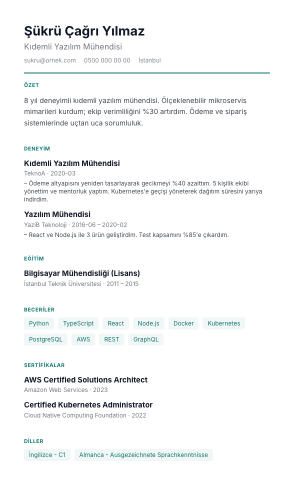 Başarı Odaklı CV şablonu önizlemesi - Her deneyim ölçülebilir sonuçla açılır; rol ve şirket ikincil satıra iner