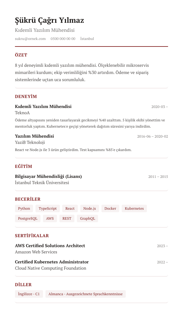 Zarif Serif CV şablonu önizlemesi - Rafine serif tipografi, bol boşluk - yönetim/danışmanlık için