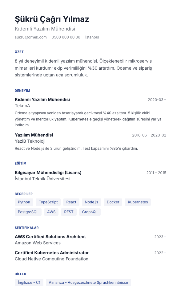 Fonksiyonel CV şablonu önizlemesi - Kanıtlar işverene değil yetkinlik alanına gruplanır; kronoloji ikinci plana iner