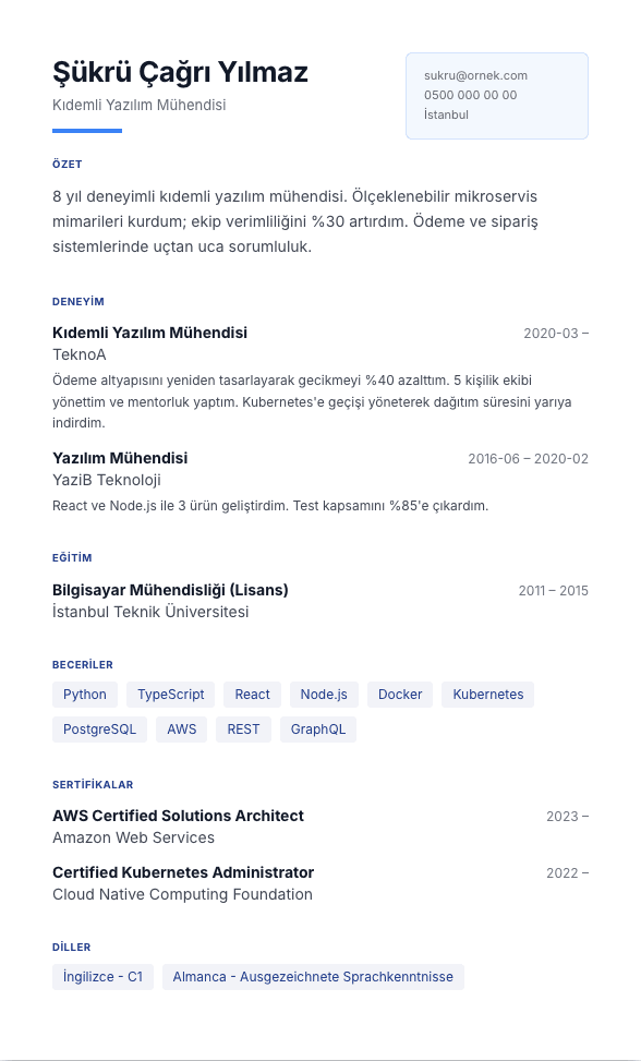Güçlü Yönler CV şablonu önizlemesi - Özetin ardından kanıt kartları, sonra klasik kronoloji - kronoloji dışı modül tek kolonda