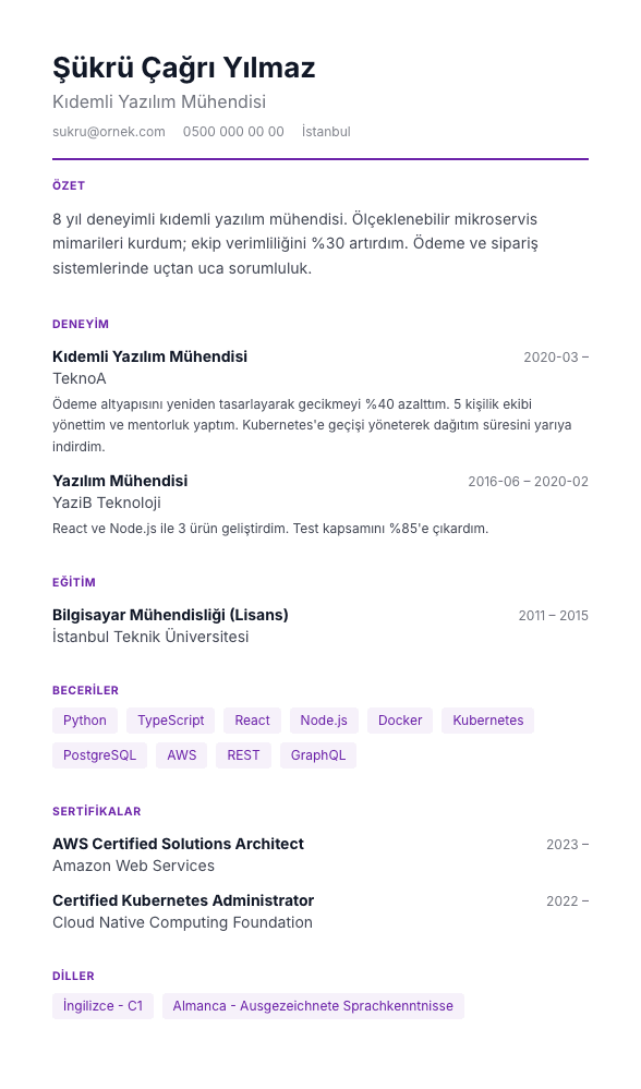 Hibrit Envanter CV şablonu önizlemesi - Beceri × seviye × yıl × kurum eşleyen düz metin envanteriyle açılır