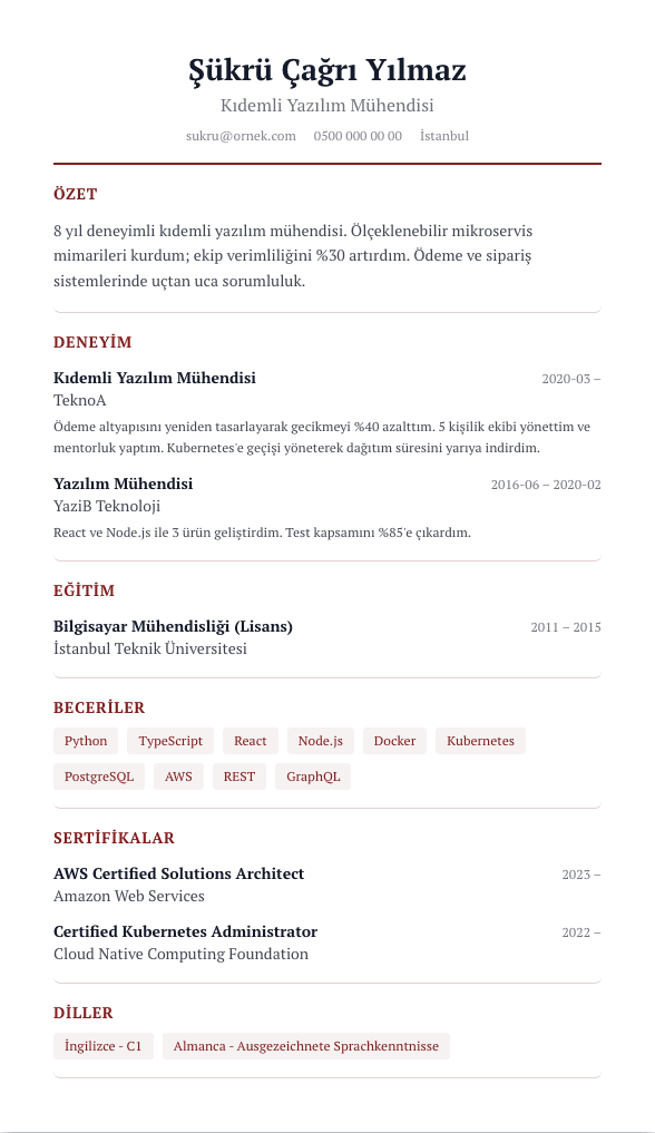Hukuk CV şablonu önizlemesi - Avukatlar ve hukuk profesyonelleri için: Georgia serif, bordo çizgi, maksimum muhafazakar zarafet