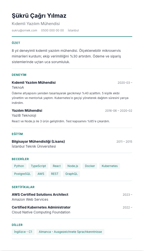 İK Profesyonel CV şablonu önizlemesi - İnsan kaynakları ve idari roller için: turkuaz altı çizgili başlıklar, düzenli ve güven veren