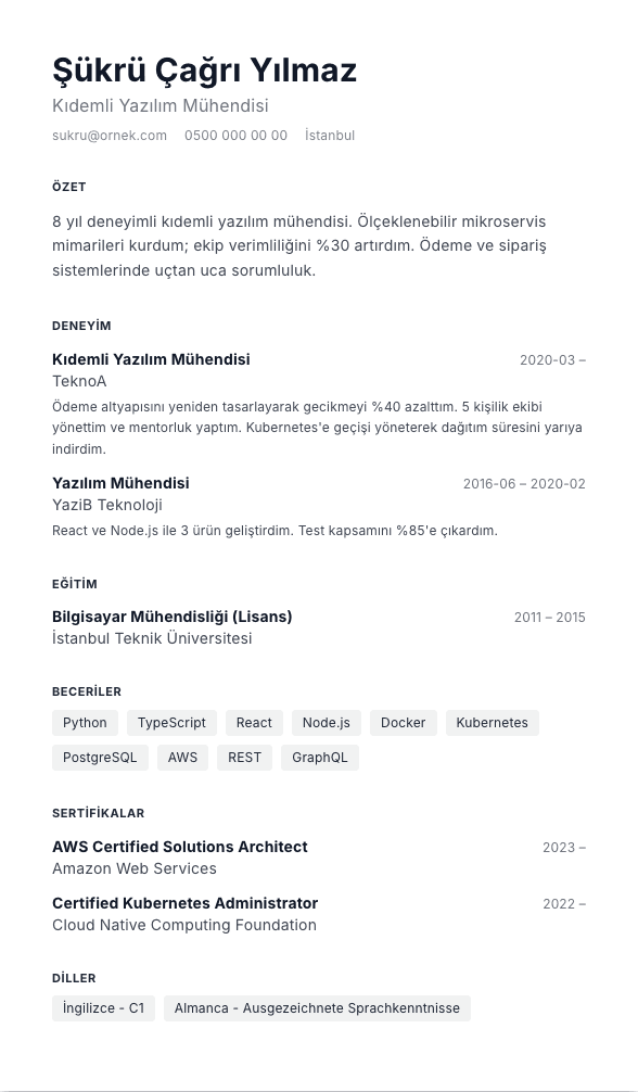 İsviçre Izgara CV şablonu önizlemesi - Sol hizalı büyük isim, ince kurallar ve matematiksel beyaz alan dengesi