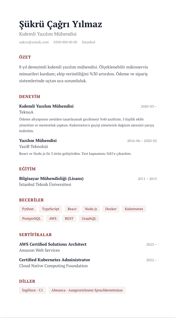 Kağıt Fraunces CV şablonu önizlemesi - Sol hizalı Fraunces başlık, noktalı ayraçlar ve dergi sayfası hissi veren edebi düzen