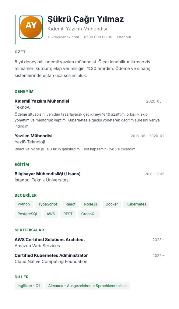 Klinik Sakin CV şablonu önizlemesi - Ortalanmış küçük fotoğraf, klinik yeşil ve yüksek okunabilirlikli sağlık düzeni