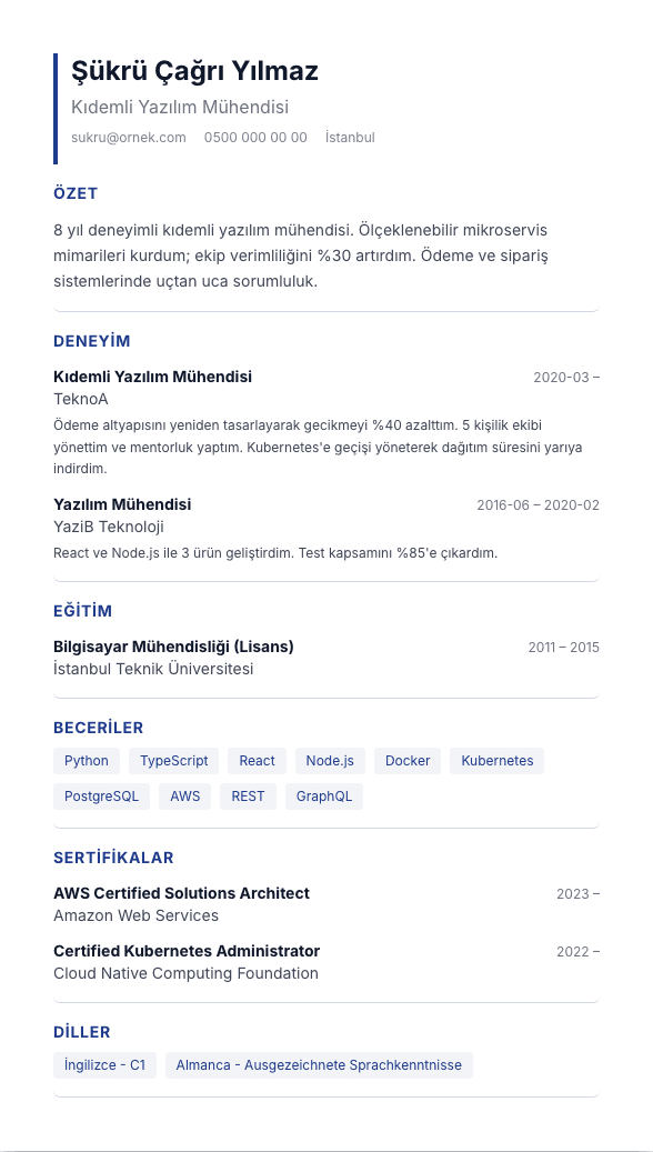Kompakt TR CV şablonu önizlemesi - Yoğun içerikli, küçük punto, 1 sayfaya sığdırılmış