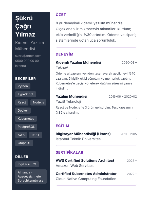 Kreatif Renkli Sidebar CV şablonu önizlemesi - Koyu renkli sol panel + ters metin - yaratıcı roller için