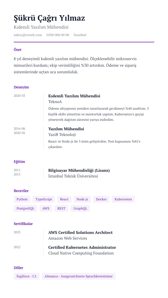 Kronoloji CV şablonu önizlemesi - Tarihler solda sabit sütunda, içerik dikey kuralın sağında - kesintisiz zaman ekseni