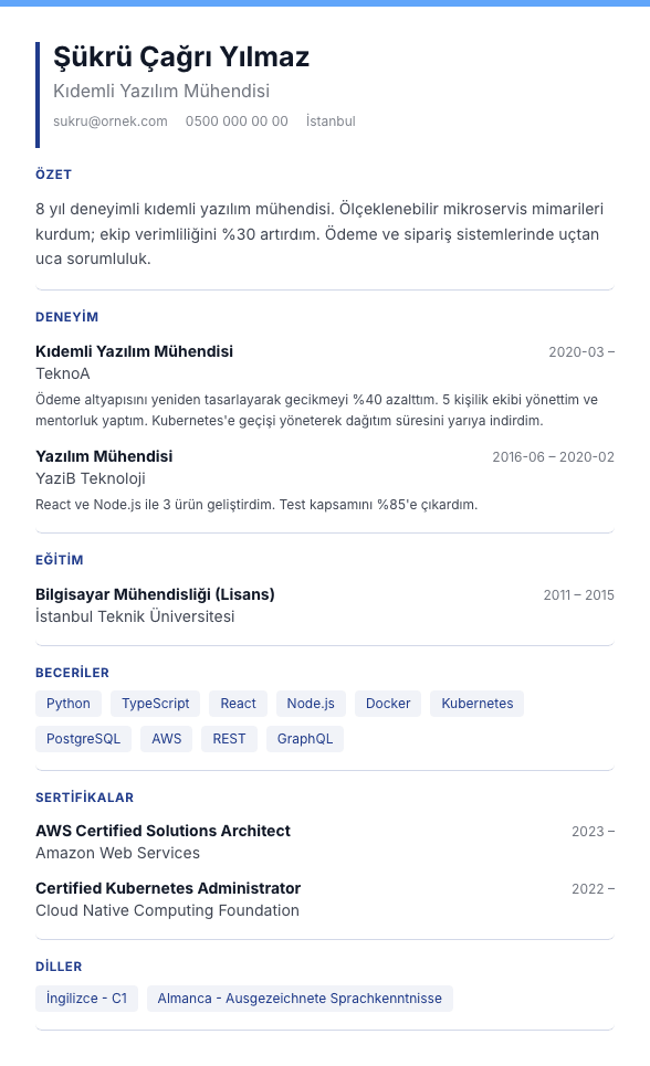 Mavi Plan CV şablonu önizlemesi - Teknik çizim hissi veren mavi üst şerit ve kompakt mühendislik yerleşimi