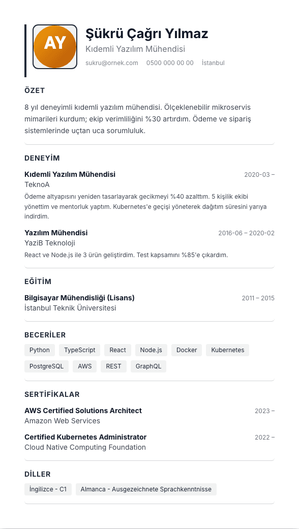 Mavi Yaka CV şablonu önizlemesi - Usta, operatör, şoför ve saha çalışanları için: büyük punto, net bölümler, ehliyet/SRC bilgisi vurgulu