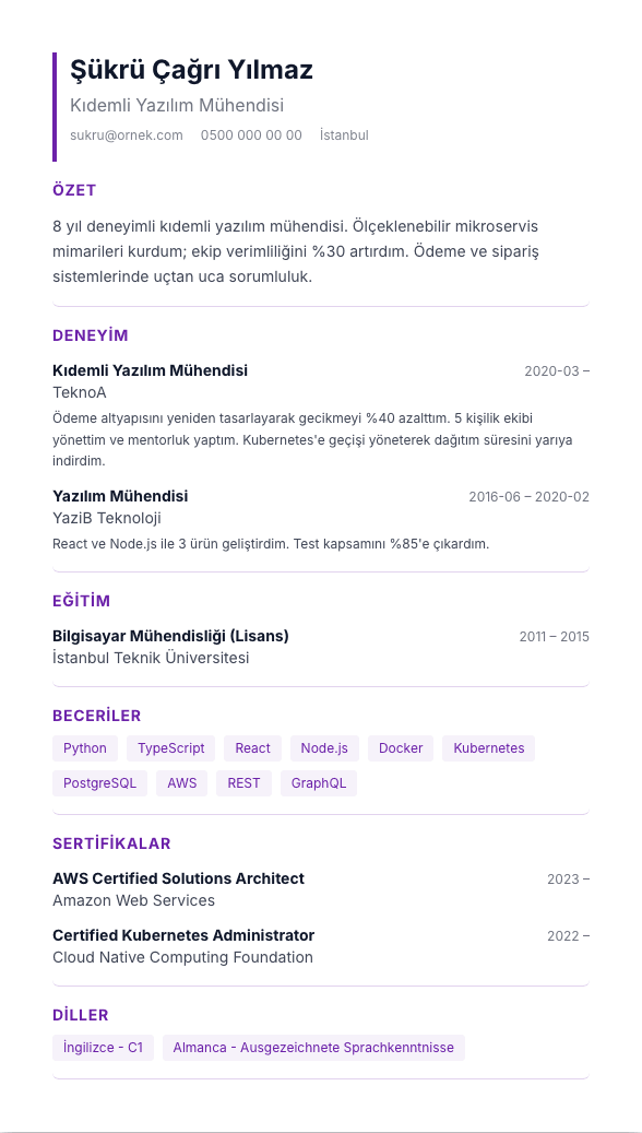 Modern Vurgu CV şablonu önizlemesi - Modern, indigo vurgu - dikkat çekici ama ATS-safe