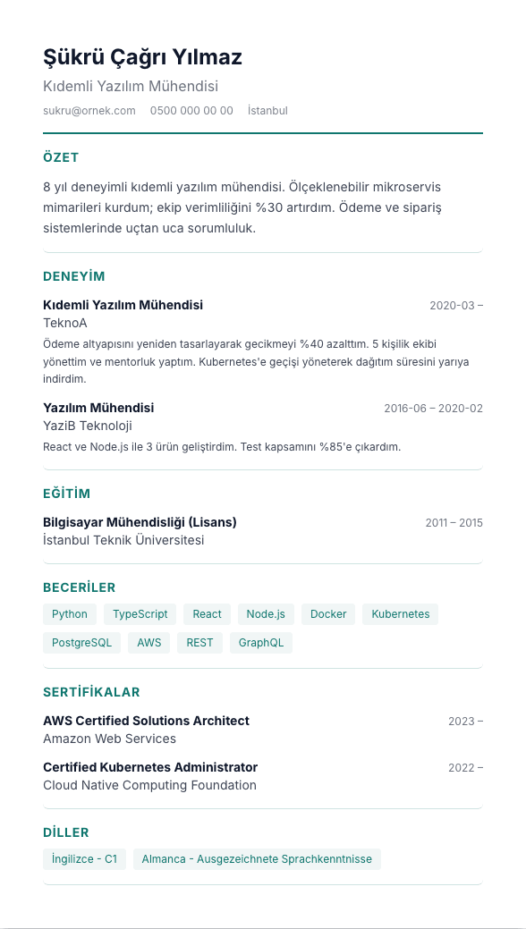 Modern TR CV şablonu önizlemesi - Temiz, fotoğrafsız, hizalı modern Türk CV'si