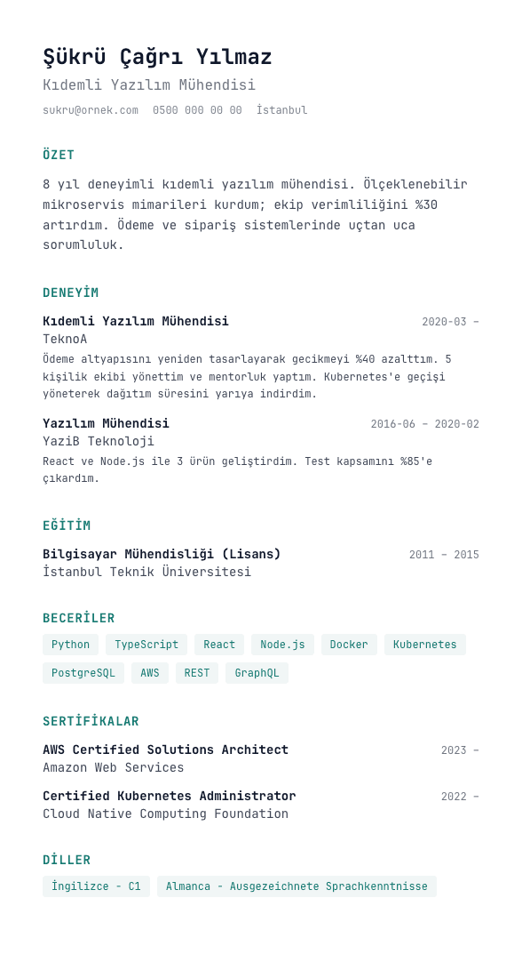 Mono Tech CV şablonu önizlemesi - Mono font, link ağırlıklı - developer/data için sade alternatif