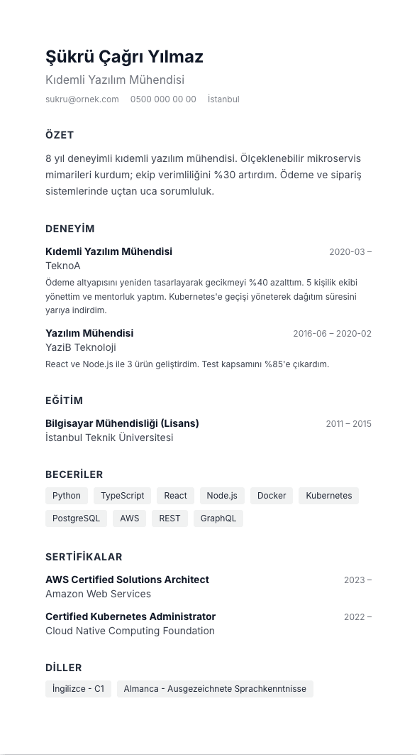 Noktalı Minimal CV şablonu önizlemesi - Noktalı ayraçlar ve bol beyaz alan - sade ama karaktersiz olmayan minimalizm