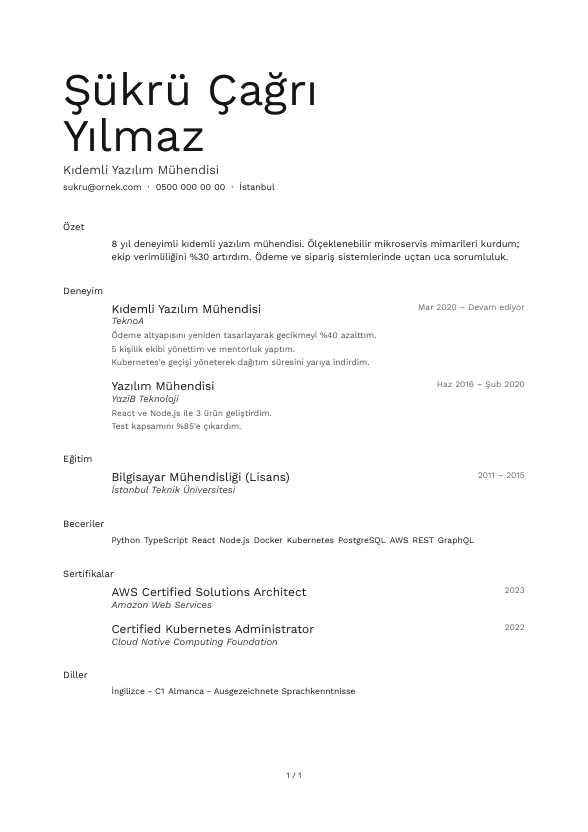 Ölçek CV şablonu önizlemesi - Hiyerarşi yalnız ölçekle: iki satıra bölünen iri ad, tek ağırlık, sıfır çizgi; gövde ikinci bir eksenden akar