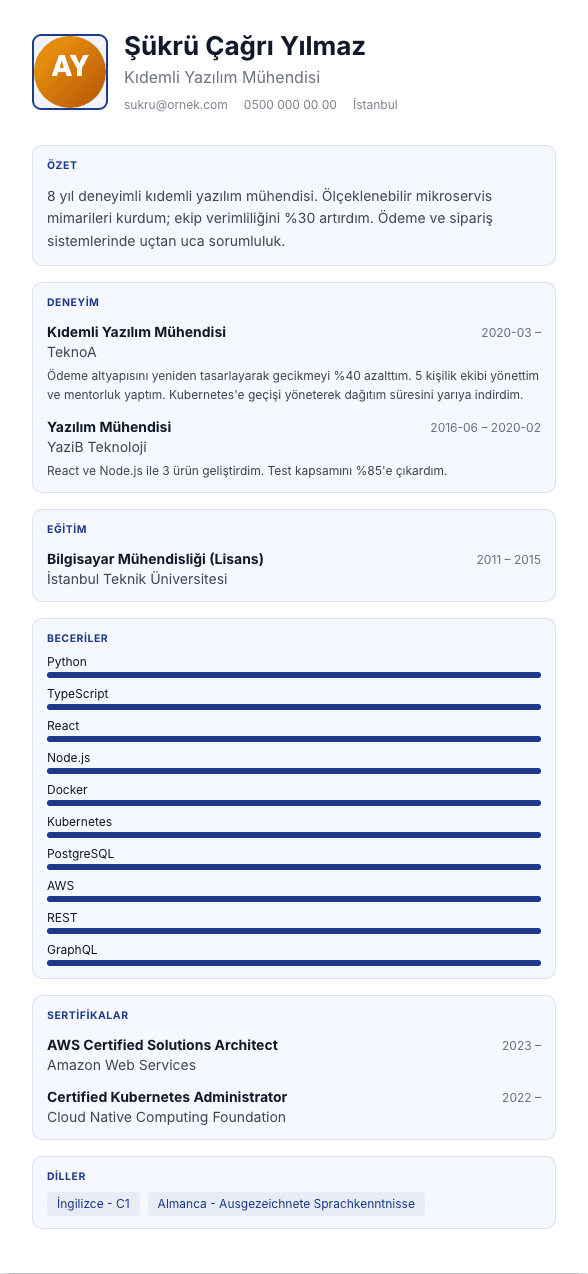 Pano CV şablonu önizlemesi - Her bölüm kendi tonlu kartında - akan belge değil, düzenlenmiş bir pano