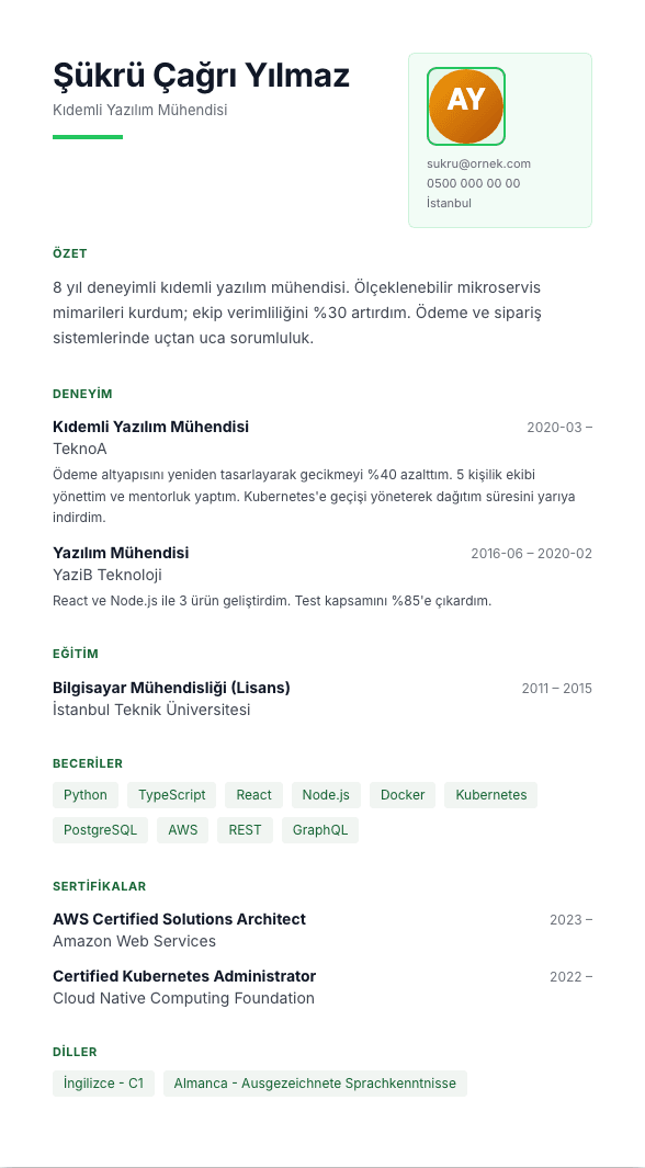 Panorama CV şablonu önizlemesi - Asimetrik açılış: solda ad bloğu ve aksan kuralı, sağda çerçeveli künye paneli