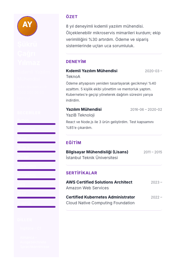 Pastel Sidebar CV şablonu önizlemesi - Genç kreatifler ve tasarım-yakın roller için: soft mor sidebar, yumuşak ama profesyonel